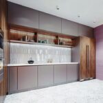 Contemporary_kitchen_with_purple_walls_and_brown_and_gray_furniture,_kitchen_apron_made_of_curly_tiles._3D_rendering.