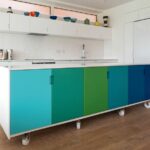 Custom_designed_kitchen_island_in_painted_MDF,_in_open_plan_kitchen_on_industrial_castor_wheels,_retro_design_painted_in_blue_and_green_ombre_colours.