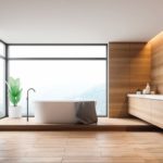 Interior_of_loft_bathroom_with_white_and_wooden_walls,_wooden_floor,_white_bathtub_near_panoramic_window_with_mountain_view_and_double_sink._3d_rendering